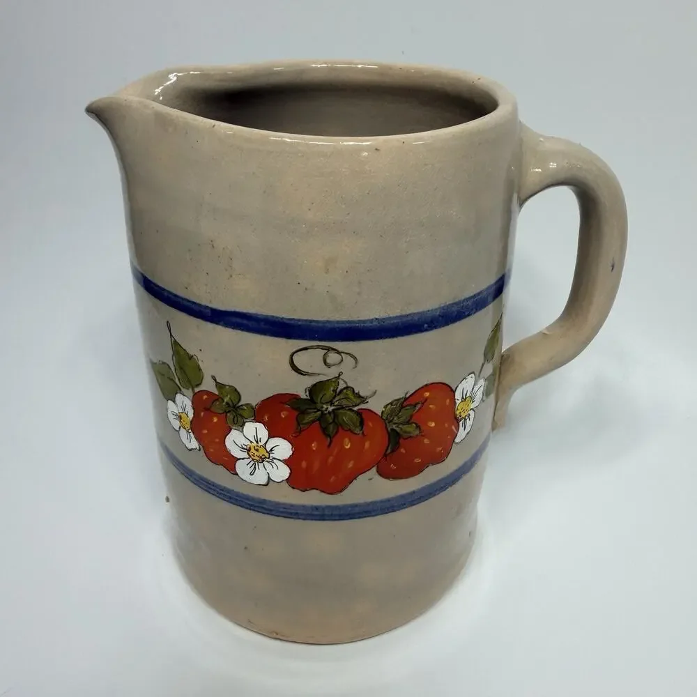Vtg Stoneware Crock Pottery Pitcher Cobalt Blue Stripe Handpainted Strawberries